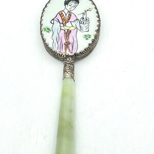 Jade Handle Silver Frame Hand‎ Painted Geisha Girl 6" Hand Mirror Vintage